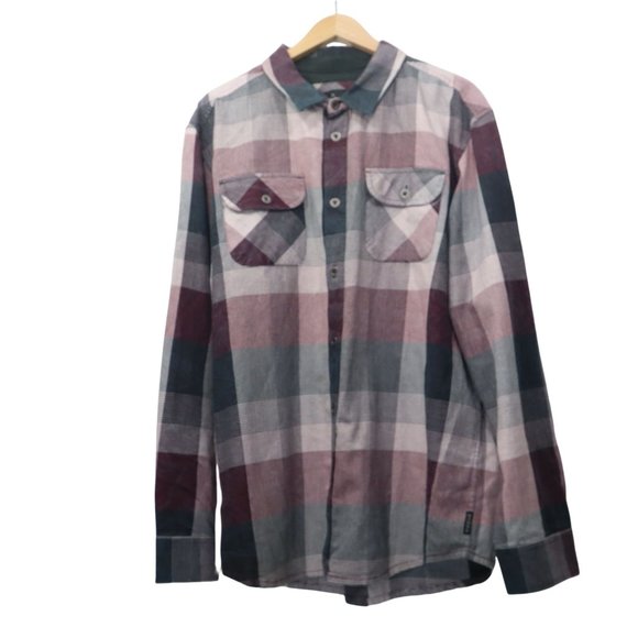 PRANA Men Button Plaid Mens Shirt Organic Cotton Long Sleeve  Size XL  Burgundy - Picture 1 of 13